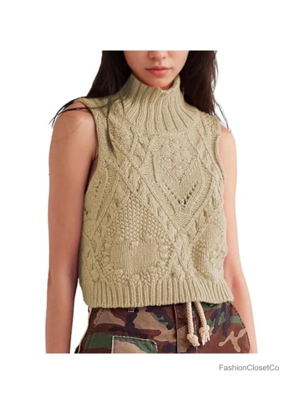 Crochet Sleeveless Turtleneck Sweater Vest for Women Chunky Knit Pullover Top